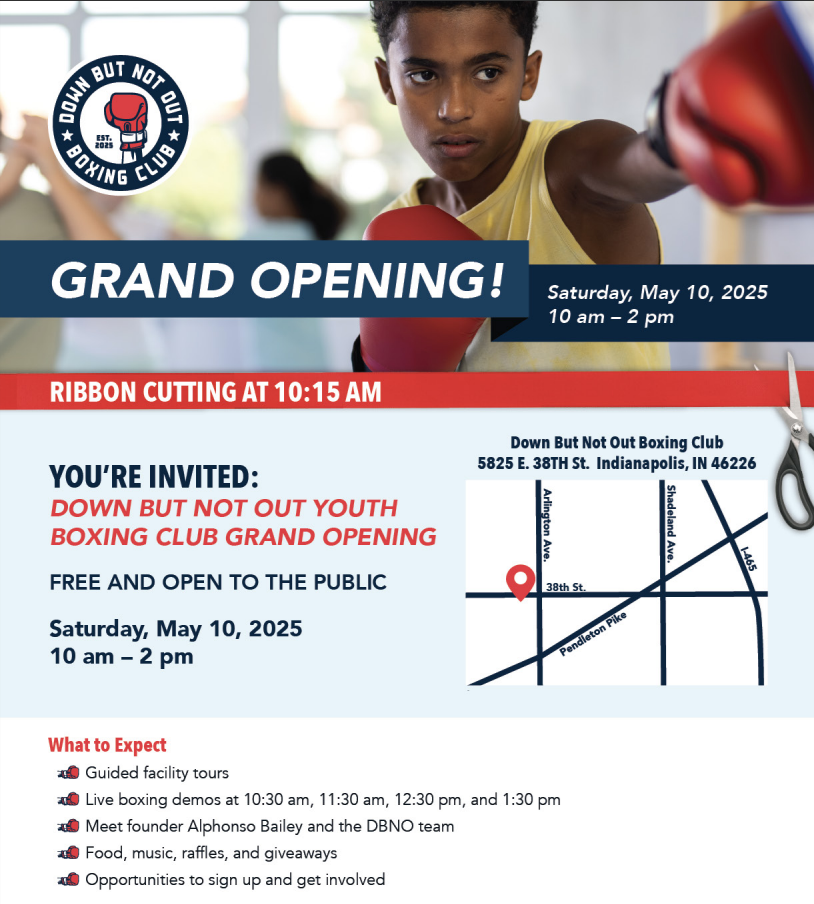 Down But Not Out Boxing Gym 2025 Grand Opening Flyer for May 10.