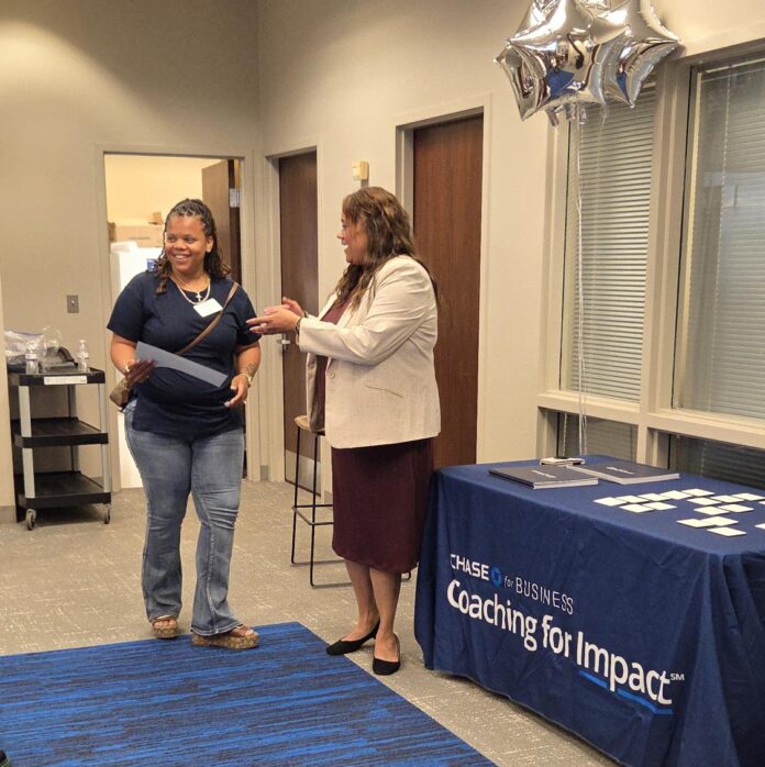 Chase Bank business consultant Shellie Vernon ready to congradulate a business owner on completing and graduating form the 'Coaching for Impact' program on Aug. 21, 2025, at the Chase Bank branch near 52nd street and Georgetown Road, in Indianapolis, Indiana. (Photo/Chase Bank)