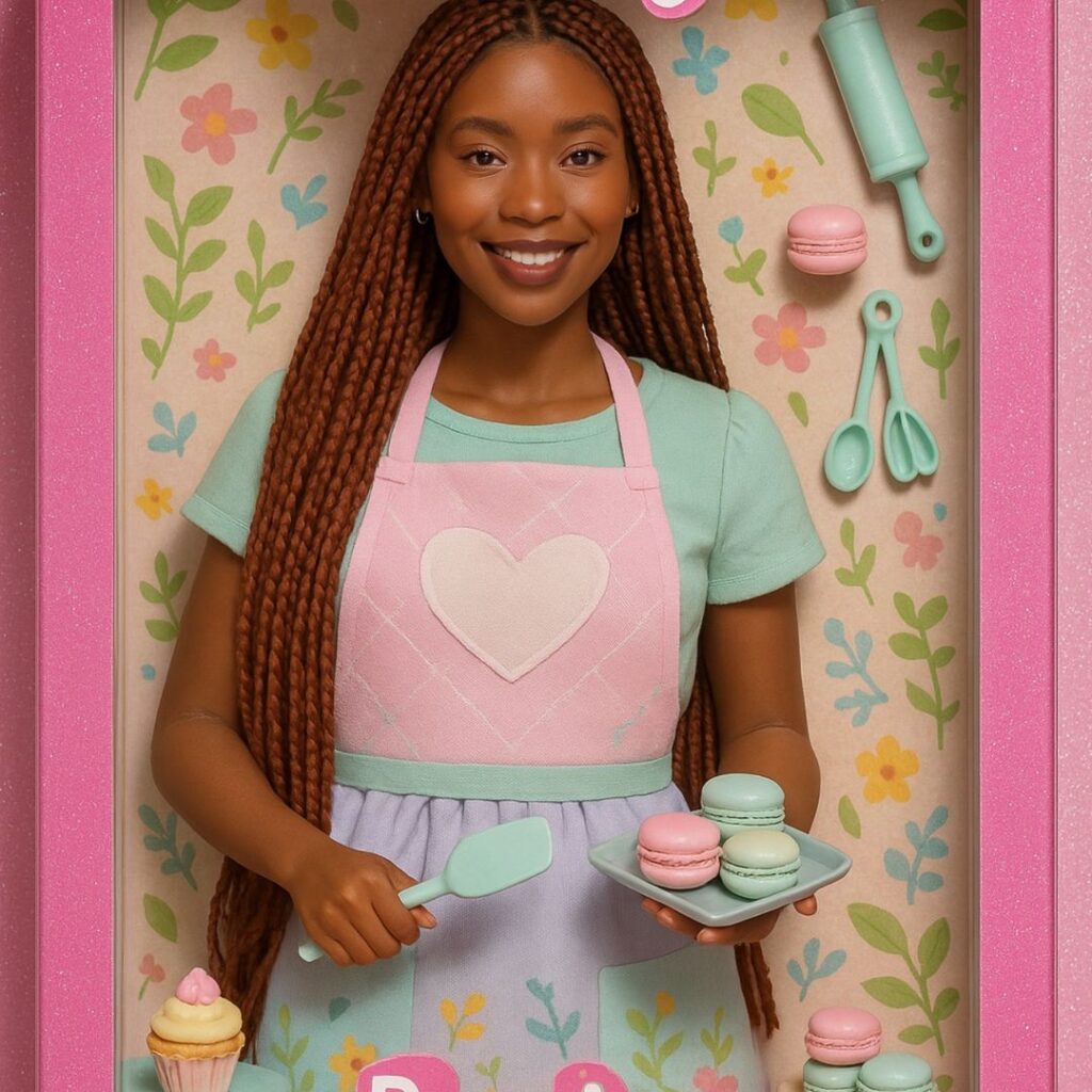 owner of Sable Sweets Ashley Hazelwood holding a dish of macarons.